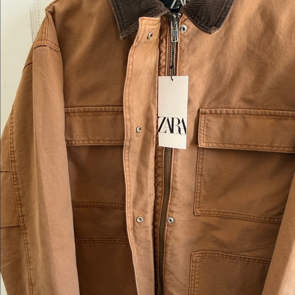 Zara ZW Contrast Collar Padded Oversized Jacket in Caramel Gorpcore NWT L - Picture 13 of 16
